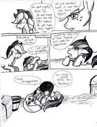 Size: 2552x3334 | Tagged: safe, artist:tristanjsolarez, applejack, rainbow dash, earth pony, pegasus, pony, comic:trans ponies, g4, comforting, comic, crying, crying on the outside, female, flashback, grayscale, lesbian, mare, monochrome, ship:appledash, shipping, simple background, white background