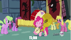 Size: 576x324 | Tagged: safe, edit, edited screencap, screencap, berry punch, berryshine, carrot top, cherry berry, daisy, flower wishes, golden harvest, pinkie pie, earth pony, pony, g4, magic duel, season 3, accordion, animated, banjo, bass drum, didn't read, female, gif, image macro, musical instrument, no mouth, one pony band, one-mare band, one-pony band, sousaphone, tl;dr