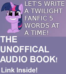 Size: 368x416 | Tagged: safe, twilight sparkle, pony, unicorn, g4, fanfic, female, link in description, mare, open mouth, smiling, solo, text