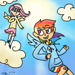 Size: 500x500 | Tagged: safe, artist:spectrumowl, fluttershy, rainbow dash, human, g4, clothes, humanized, skirt, winged humanization