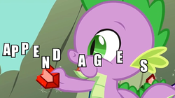 Size: 744x418 | Tagged: safe, edit, edited screencap, screencap, spike, dragon, a dog and pony show, g4, eating, gem, image macro, male, puffy cheeks, solo
