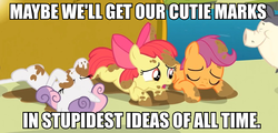 Size: 956x460 | Tagged: safe, apple bloom, scootaloo, sweetie belle, pig, g4, one bad apple, image macro