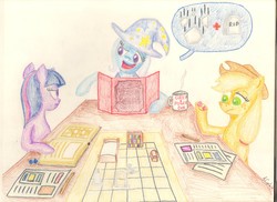 Size: 3510x2551 | Tagged: safe, artist:krunchylex, applejack, trixie, twilight sparkle, g4, bed, book, dungeon master, dungeons and dragons, rocks fall everyone dies, tabletop game, twilight sparkle is not amused, unamused