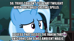 Size: 854x480 | Tagged: safe, trixie, g4, magic duel, caption, image macro, meta