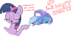 Size: 1161x592 | Tagged: safe, artist:zev, trixie, twilight sparkle, pony, unicorn, g4, cowering, crying, cute, do not want, eyes closed, female, frown, implied lesbian, implied shipping, implied twixie, mare, open mouth, prone, raised hoof, simple background, smiling, white background