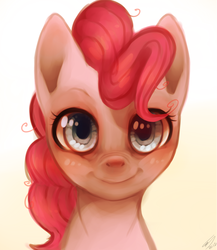 Size: 1201x1386 | Tagged: safe, artist:imalou, pinkie pie, earth pony, pony, g4, bust, female, gradient background, looking at you, portrait, solo
