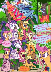 Size: 3508x4961 | Tagged: safe, alternate version, artist:jowyb, apple bloom, applejack, rainbow dash, rarity, scootaloo, sweetie belle, duck, pig, g4, camping outfit, comic, cutie mark crusaders, daffy duck, dashabuse, facehoof, faceplant, laughing, looney tunes, porky pig, rainbow crash, robin hood daffy, tears of laughter, yoiks and away
