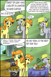 Size: 1881x2838 | Tagged: safe, artist:ciriliko, carrot top, derpy hooves, golden harvest, earth pony, hamster, pegasus, pony, g4, comic, creeper, crossover, engrish, female, food, grammar error, hamtaro, male, male and female, mare, misspelling, muffin, nom, trio