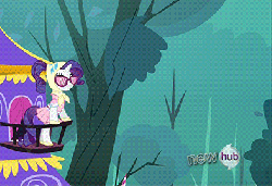 Size: 394x270 | Tagged: safe, screencap, rarity, sweetie belle, g4, sleepless in ponyville, animated, camping outfit, female, glasses, tent
