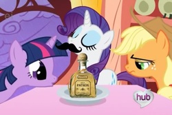 Size: 960x640 | Tagged: safe, edit, edited screencap, screencap, applejack, rarity, twilight sparkle, g4, hub logo, moustache