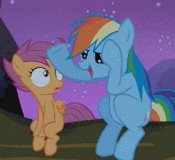 Size: 623x572 | Tagged: safe, screencap, rainbow dash, scootaloo, pegasus, pony, g4, sleepless in ponyville, animated, blank flank, female, filly, foal, folded wings, hoofy-kicks, log, mare, open mouth, sitting, wings