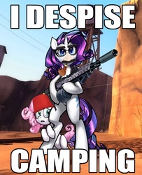 Size: 846x1040 | Tagged: safe, artist:vombavr, edit, rarity, sweetie belle, g4, groucho marx, gun, image macro, m14, rarity despises camping, rifle, team fortress 2, weapon