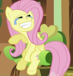 Size: 279x293 | Tagged: safe, edit, edited screencap, screencap, fluttershy, pegasus, pony, g4, couch, crying, female, fluttershy's cottage (interior), meme, reaction image, sitting, solo, trollface
