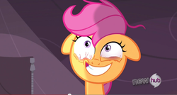 Size: 753x405 | Tagged: safe, screencap, scootaloo, g4, my little pony: friendship is magic, sleepless in ponyville, bloodshot eyes, hub logo, snappleloo, solo