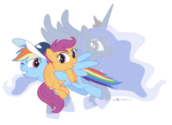 Size: 1800x1300 | Tagged: safe, artist:dm29, princess luna, rainbow dash, scootaloo, alicorn, pegasus, pony, g4, baseball cap, cap, coaching cap, hat, hoof shoes, scootalove, simple background, sisters, transparent background, trio