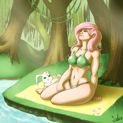 Size: 1000x1000 | Tagged: safe, artist:siden, angel bunny, fluttershy, human, g4, bikini, clothes, female, humanized, solo, swimsuit