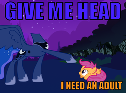 Size: 629x465 | Tagged: safe, princess luna, scootaloo, the headless horse, headless horse, pegasus, pony, g4, sleepless in ponyville, female, filly, foal, headless, i need an adult, image macro, innuendo, pun