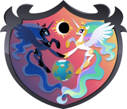 Size: 800x690 | Tagged: dead source, safe, artist:sambragg, princess celestia, princess luna, alicorn, pony, g4, coat of arms, crescent moon, crest, ethereal mane, female, helmet, heraldry, hoof shoes, mare, moon, peytral, planet, royal sisters, simple background, starry mane, transparent background