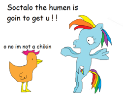 Size: 614x490 | Tagged: safe, rainbow dash, scootaloo, chicken, pony, g4, bipedal, comic sans, dialogue, ms paint, scootachicken, species swap, spooky, stylistic suck