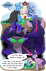 Size: 500x774 | Tagged: safe, artist:crowneprince, trixie, twilight sparkle, pony, g4, alicorn amulet, dark magic, dialogue, simple background, sombra eyes, transparent background