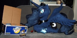 Size: 2000x1000 | Tagged: safe, artist:doublebackstitcharts, princess luna, pony, g4, irl, moon pie, photo, plushie, prone, solo