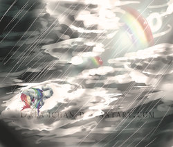Size: 900x762 | Tagged: safe, artist:chocori, rainbow dash, g4, cloud, cloudy, rain, rainbow