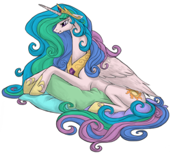 Size: 2000x1815 | Tagged: safe, artist:armanatlk, princess celestia, alicorn, pony, g4, collar, crown, crying, female, floppy ears, hoof shoes, jewelry, lidded eyes, looking down, mare, messy mane, necklace, pillow, prone, regalia, sad, sadlestia, simple background, solo, tiara, transparent background, wing fluff