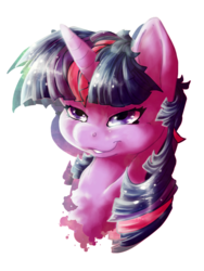 Size: 600x800 | Tagged: safe, artist:dimwitdog, twilight sparkle, pony, g4, bedroom eyes, bust, female, grin, mare, simple background, smiling, solo, transparent background