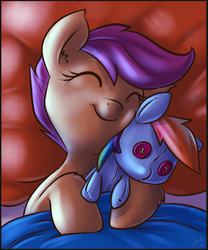 Size: 748x900 | Tagged: safe, artist:atryl, scootaloo, pegasus, pony, g4, bed, blanket, button eyes, cute, cutealoo, doll, ear fluff, eyes closed, female, filly, foal, leg fluff, pillow, plushie, rainbow dash plushie, sleeping, smiling, solo