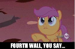 Size: 638x418 | Tagged: safe, edit, edited screencap, screencap, scootaloo, pony, g4, sleepless in ponyville, :o, animated, blinking, female, fourth wall, frown, gif, glare, hub logo, image macro, open mouth, poking, raised hoof, ripple, ripples, solo, talking, touch, underhoof