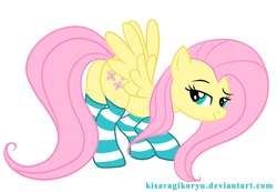 Size: 800x553 | Tagged: safe, artist:kisaragikoryu, fluttershy, pegasus, pony, g4, bedroom eyes, butt, clothes, female, inviting you, plot, socks, solo, striped socks, stupid sexy fluttershy