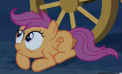 Size: 568x344 | Tagged: safe, screencap, scootaloo, g4, sleepless in ponyville, animated, female, looking, scared, shifty eyes, solo