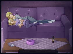 Size: 1450x1068 | Tagged: safe, artist:missangest, derpy hooves, dinky hooves, human, g4, bottle, bowl, clothes, couch, cuddling, drink, equestria's best mother, humanized, missing shoes, sleeping, snuggling, socks, table, tablecloth