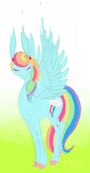 Size: 997x1920 | Tagged: safe, artist:piiku, rainbow dash, g4, alternate hairstyle, cloven hooves, eyelashes, full body, large wings, long ears, side view, skinny, solo, spread wings, thin, wings