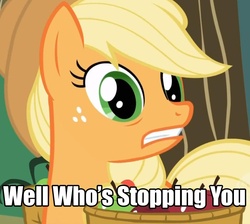 Size: 964x865 | Tagged: safe, edit, edited screencap, screencap, applejack, earth pony, pony, applebuck season, g4, female, image macro, reaction image, solo