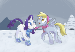 Size: 1325x917 | Tagged: safe, artist:yeendip, derpy hooves, rarity, pegasus, pony, g4, blushing, clothes, derpity, female, hat, lesbian, mare, mittens, scarf, shipping, snow, winter