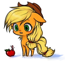 Size: 699x655 | Tagged: safe, artist:ponymonster, applejack, worm, g4, apple, chibi, female, obligatory apple, solo