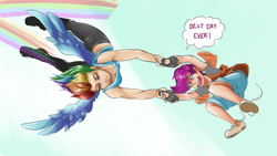Size: 1366x768 | Tagged: safe, artist:sundown, rainbow dash, scootaloo, human, g4, sleepless in ponyville, duo, duo female, epic, female, humanized, scootalove, thought bubble, wallpaper, winged humanization