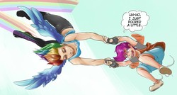 Size: 1026x550 | Tagged: safe, artist:sundown, edit, rainbow dash, scootaloo, human, g4, duo, duo female, female, humanized, implied pooping, recaption, scootalove, thought bubble, toilet humor, winged humanization