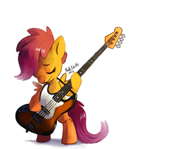 Size: 944x795 | Tagged: safe, artist:cuteskitty, scootaloo, pegasus, pony, g4, bass guitar, bipedal, eyes closed, female, guitar, hoof hold, music, musical instrument, scootabass, solo