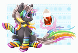 Size: 1280x867 | Tagged: safe, artist:reisar, oc, oc only, alicorn, pony, alicorn oc, drink, horn, neon, sitting, solo, wings