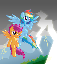Size: 2900x3238 | Tagged: safe, artist:danmakuman, rainbow dash, scootaloo, pegasus, pony, g4, action pose, badass, duo, epic, flying, lightning, scootaloo can fly