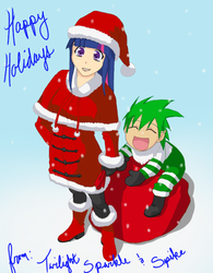 Size: 600x768 | Tagged: safe, artist:danteskitten, spike, twilight sparkle, elf, g4, happy holidays, hat, humanized, santa claus, santa hat, sled, snow, snowfall, yotsuba