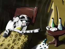 Size: 850x638 | Tagged: safe, artist:madhotaru, zecora, zebra, g4, bed, bedroom, blushing, bottle, broken, duo, lonely, sick