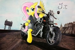 Size: 1024x691 | Tagged: safe, artist:jet-ann, fluttershy, semi-anthro, g4, female, motorcycle, solo, traditional art