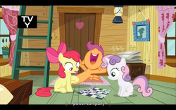 Size: 1024x640 | Tagged: safe, screencap, apple bloom, scootaloo, sweetie belle, g4, my little pony: friendship is magic, sleepless in ponyville, cutie mark crusaders, tv rating, youtube caption