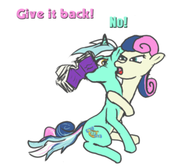 Size: 700x674 | Tagged: safe, artist:taffy, bon bon, lyra heartstrings, sweetie drops, earth pony, pony, unicorn, g4, angry, book, conjoined, female, frown, fusion, glare, hilarious in hindsight, keep away, looking at something, lyrabon (fusion), mare, mouth hold, multiple heads, nom, open mouth, reaching, simple background, text, transparent background, two heads, two heads are better than one, wide eyes