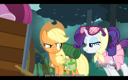 Size: 1024x640 | Tagged: safe, screencap, applejack, rarity, g4, my little pony: friendship is magic, sleepless in ponyville, camping outfit, hub logo, youtube caption