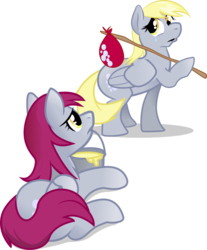 Size: 900x1088 | Tagged: dead source, safe, artist:jrrhack, derpy hooves, ski doo, pegasus, pony, g4, background pony, bindle, bucket, derpygate, duo, female, mare, prone, sad, simple background, transparent background