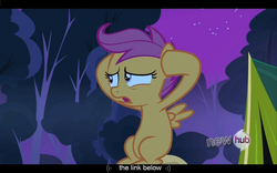 Size: 1024x640 | Tagged: safe, screencap, scootaloo, g4, sleepless in ponyville, hub logo, solo, youtube caption